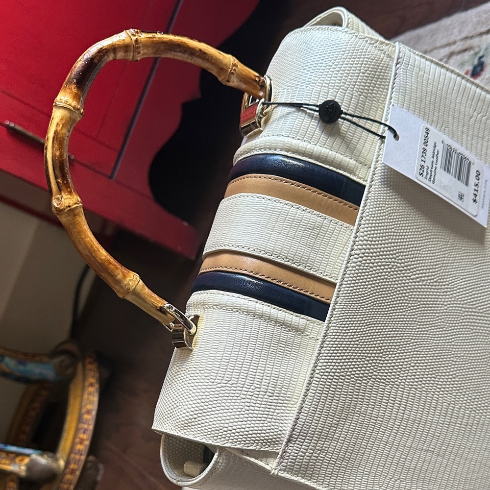 Brahmin Cream Satchel with Bamboo-Style Handle and Navy/Tan Trim - Picture 7 of 9